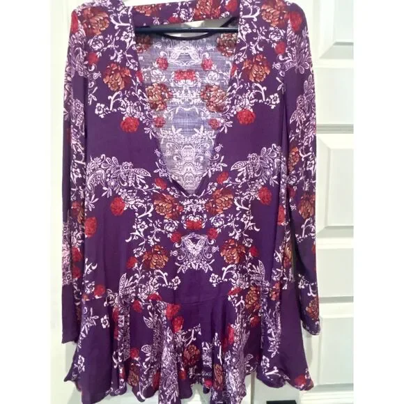 Free People Purple Floral Peplum Ruffled Open Back Mini Dress XS  Boho Romantic - Picture 6 of 8